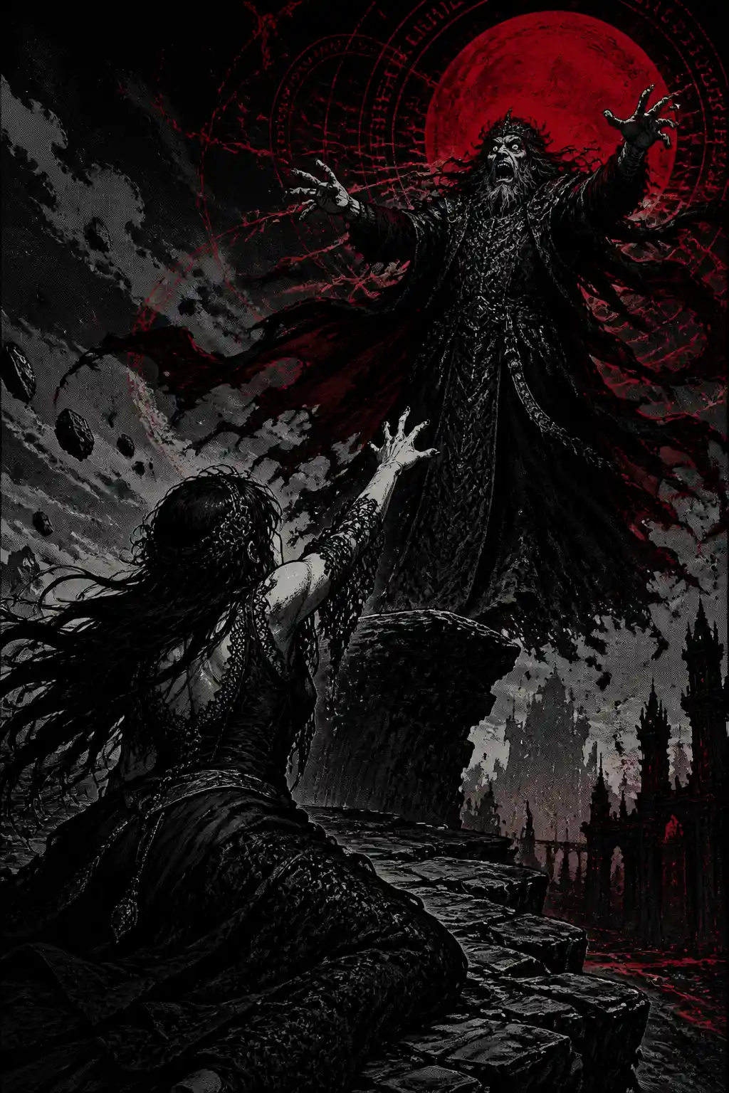 Gothic woman kneeling at the edge of a dying world
