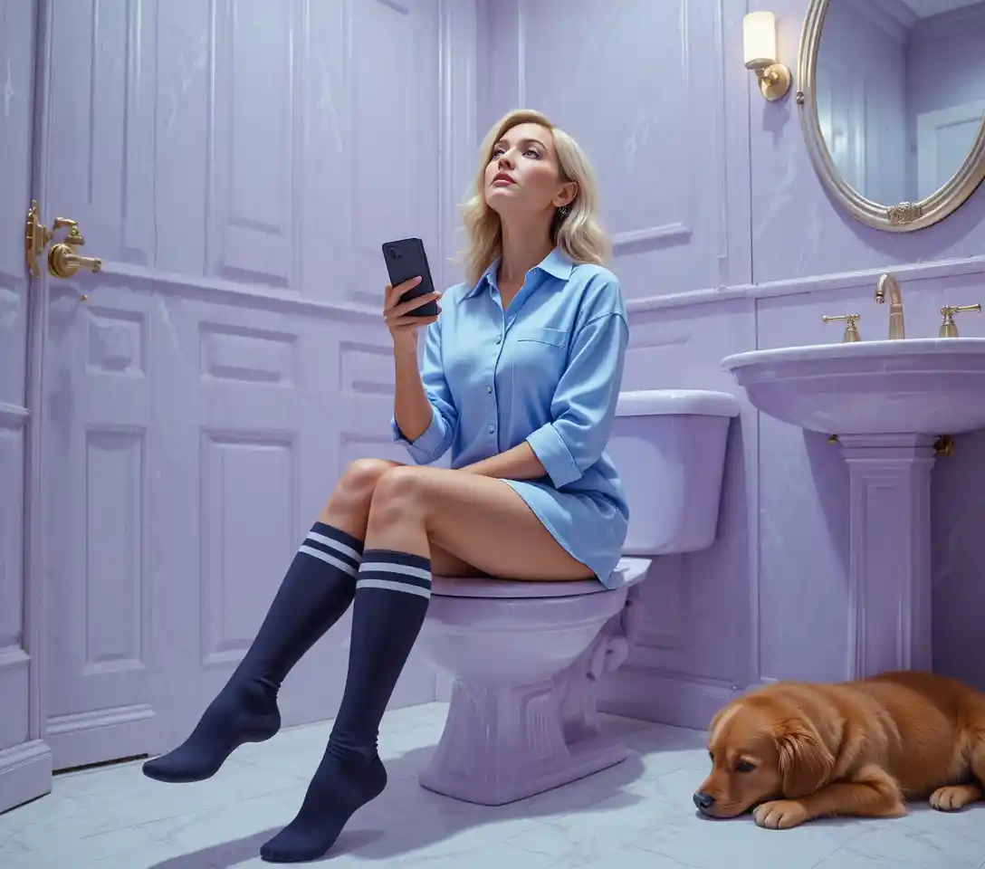 Femme sur des toilettes lavande avec téléphone dans une salle de bain pastel