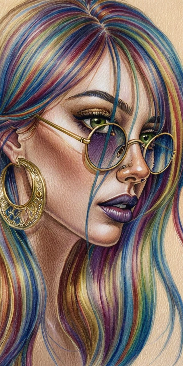 Color pencil portrait of girl with vibrant rainbow hair