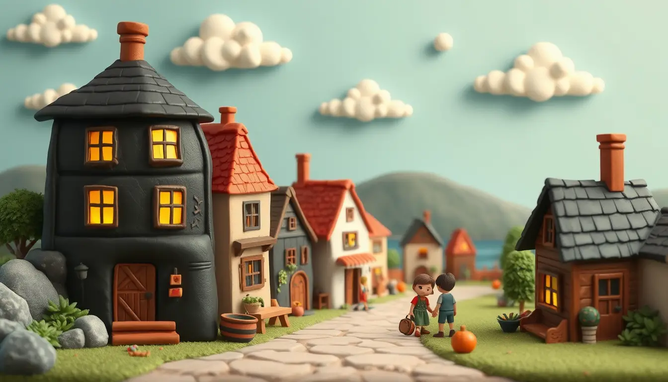 Childlike modeling clay village illustration with strolling residents