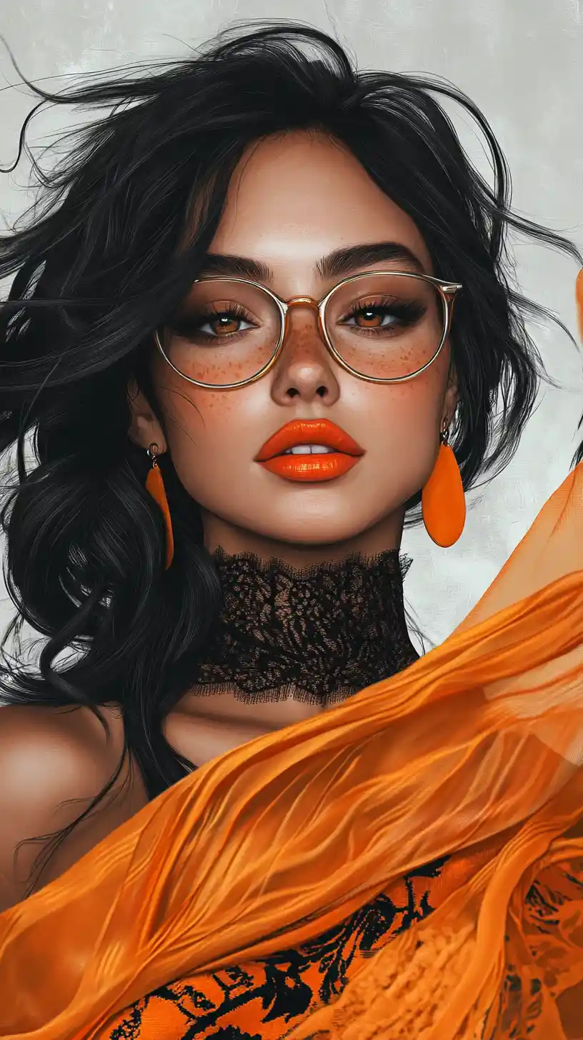 Monochrome woman with vivid orange scarf and lipstick