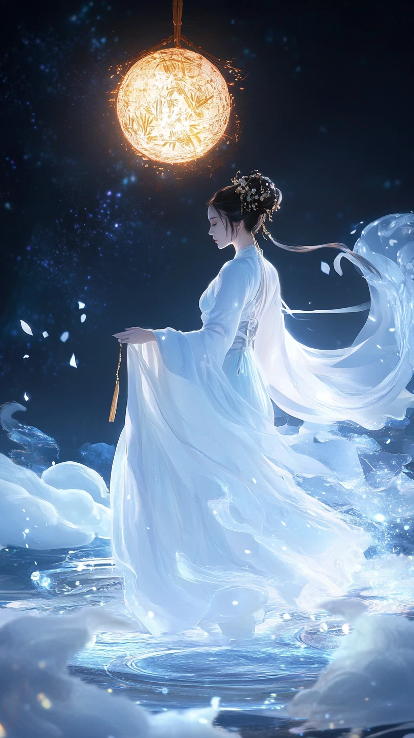Woman In White Hanfu Beside Glowing Orb And Silk Scroll