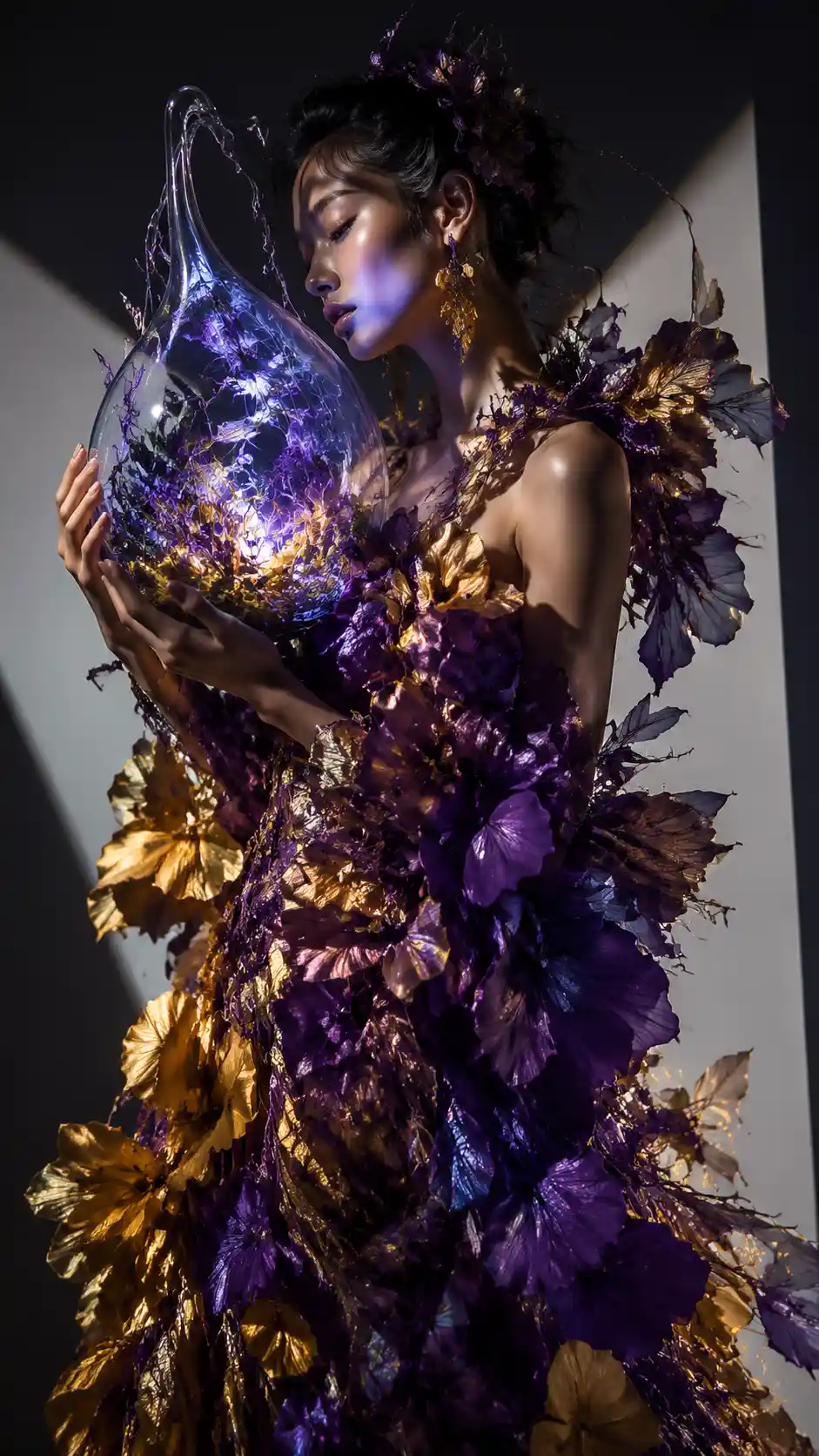 High fashion woman in a sculptural violet and gold floral gown