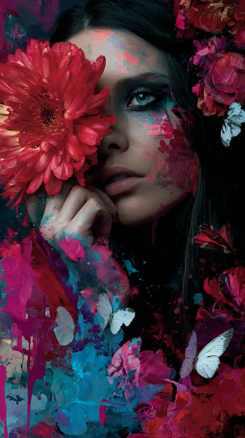 Woman with red flower and floral adorned upper body portrait