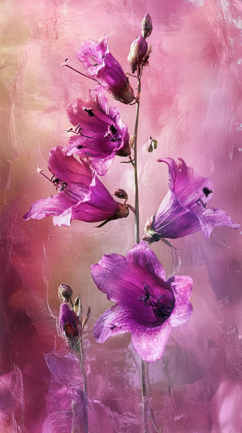 Drooping bell flowers against vibrant abstract painted background