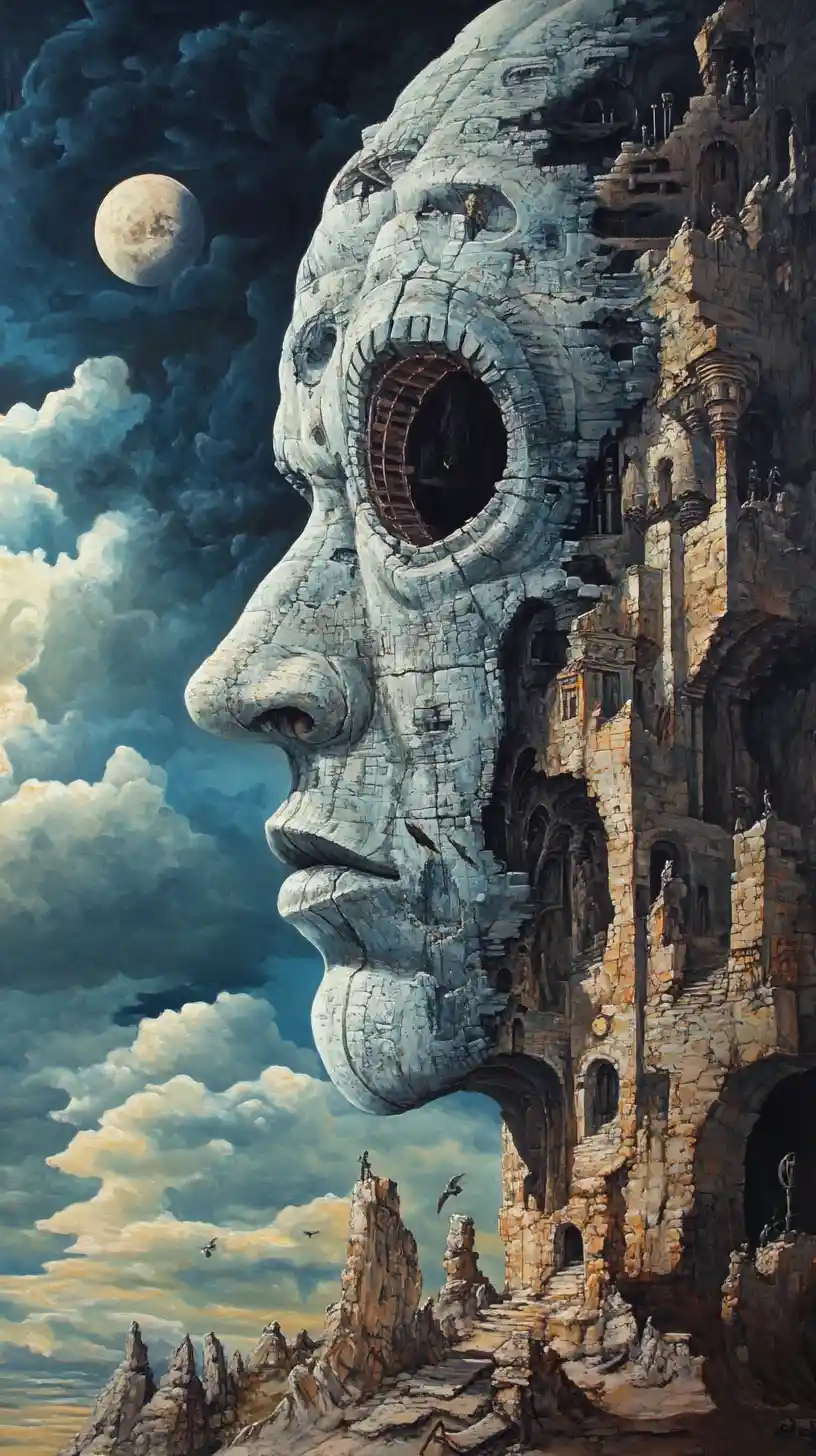 Determined figure standing in a sunless cityscape