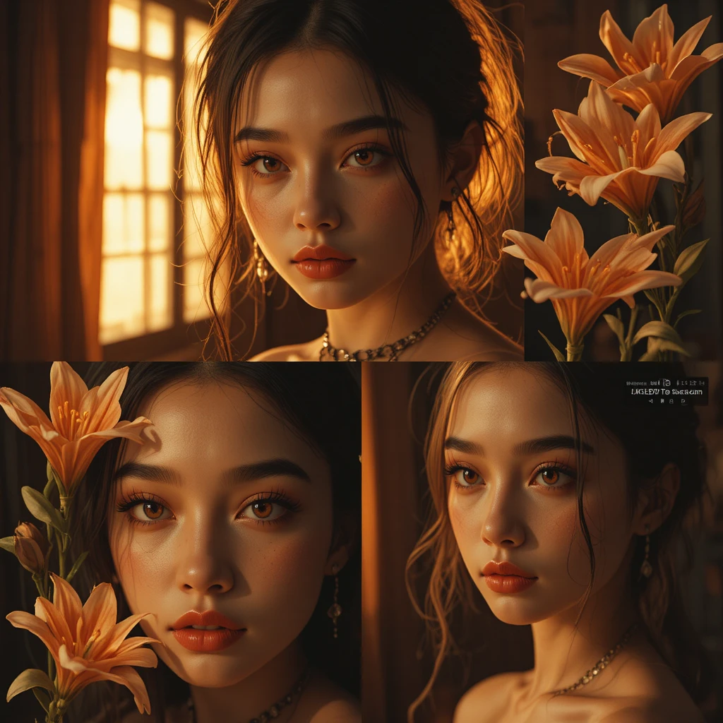 Cinematic collage of a young girl in warm flash portraits