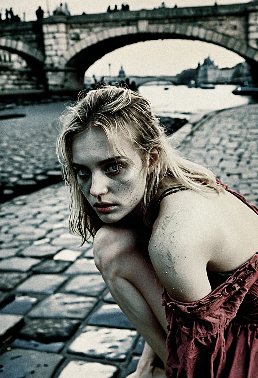 Young woman in tears by a stone riverside bridge