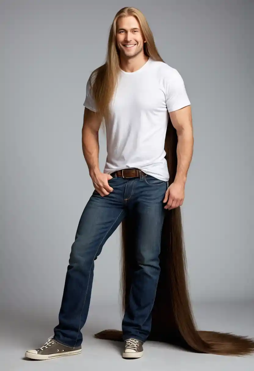 Full body side view of man with floor length hair