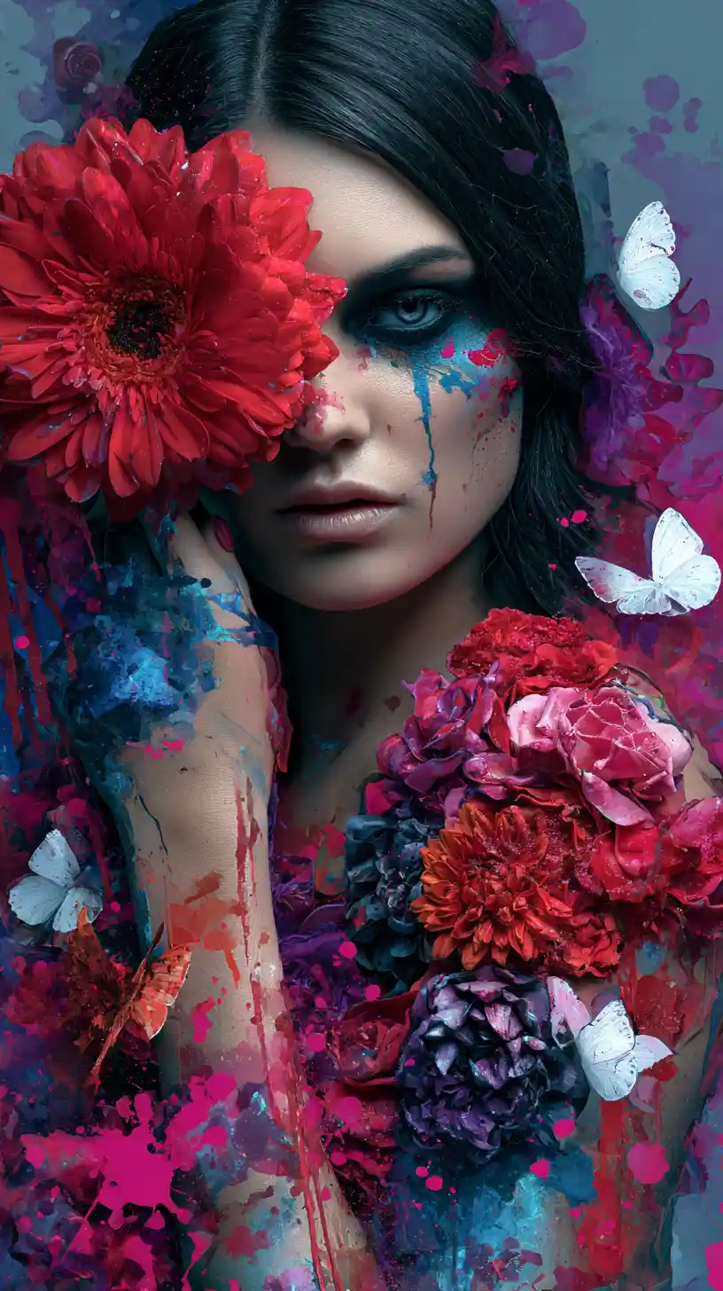 Melancholic woman with red flower and swirling blossoms