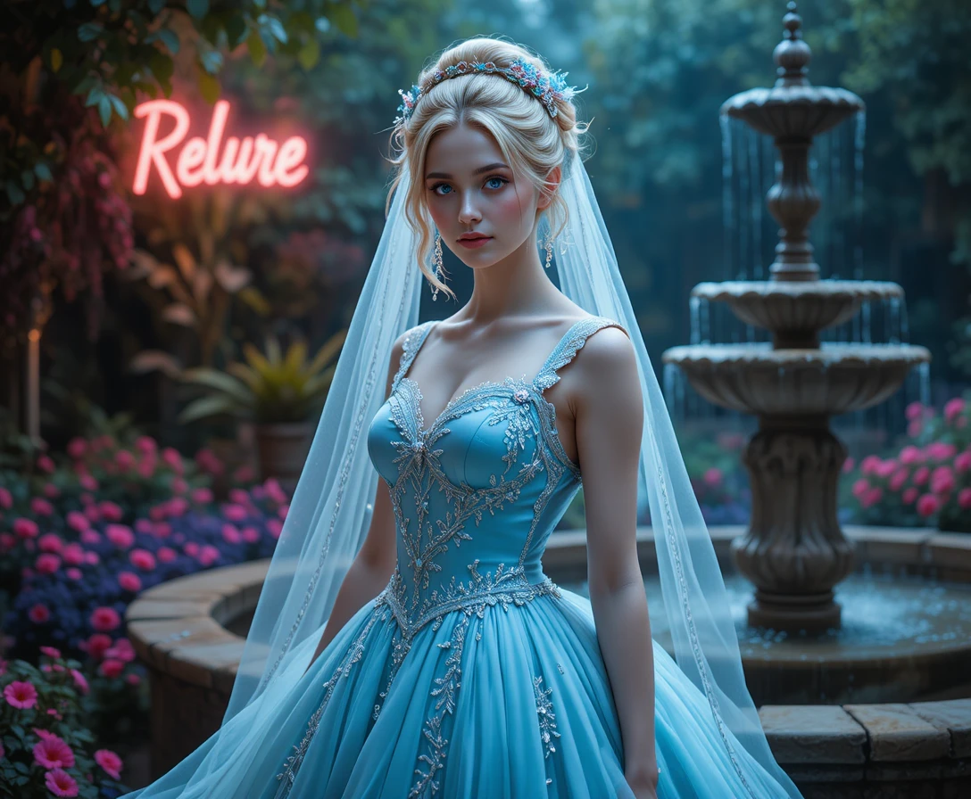 Victorian bride in pale blue gown in lush garden