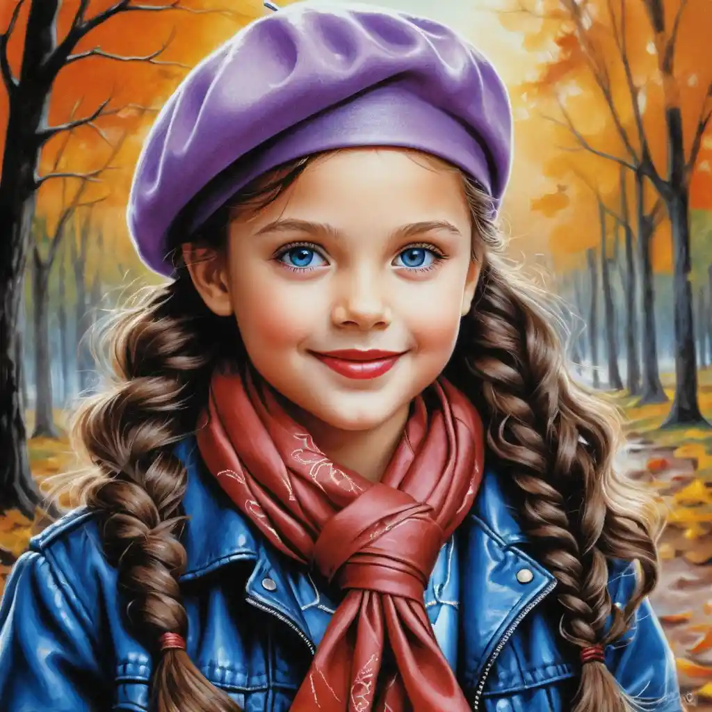 Smiling autumn girl with braid in lavender beret