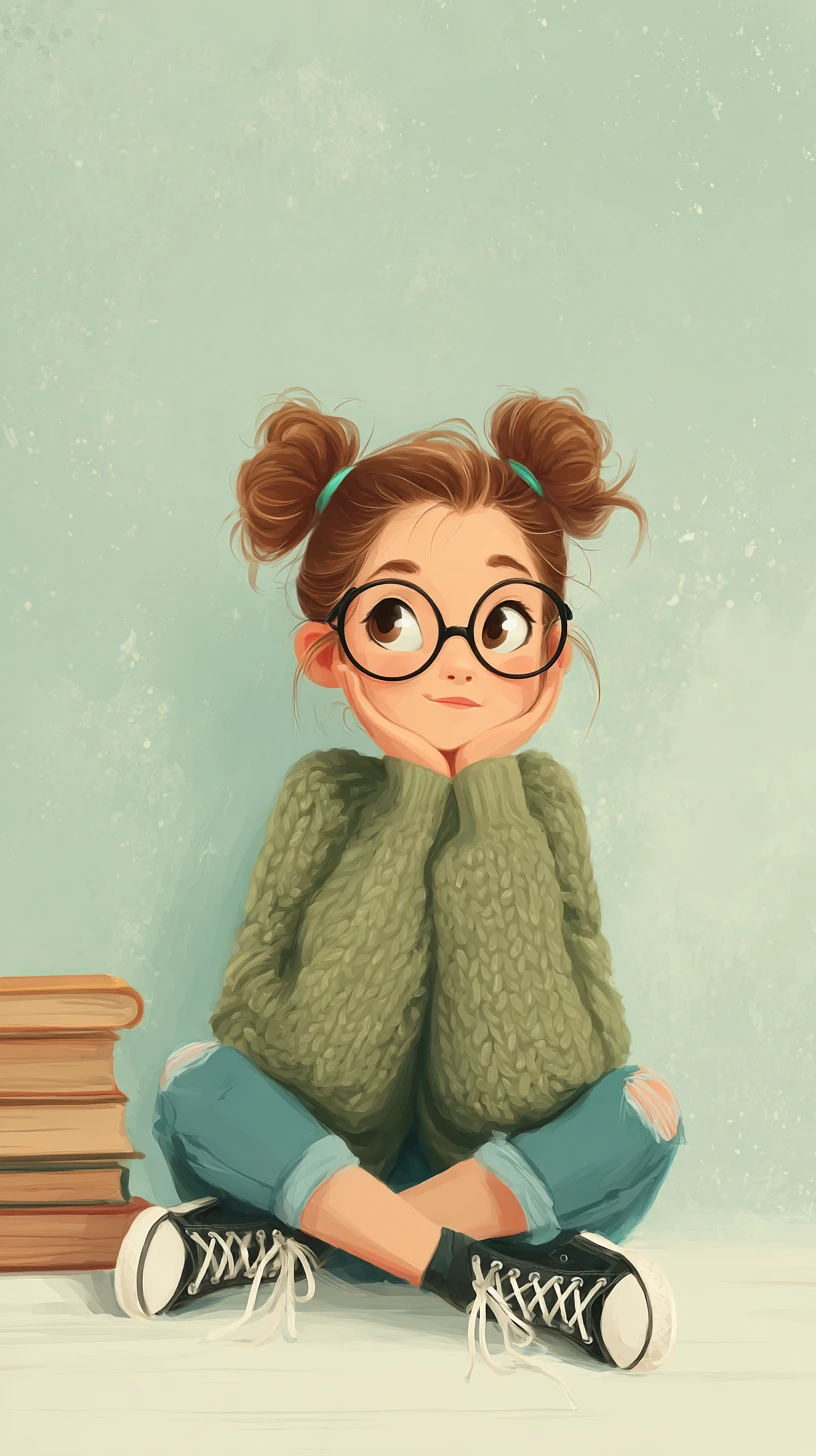 Thoughtful girl in glasses sitting with books indoors
