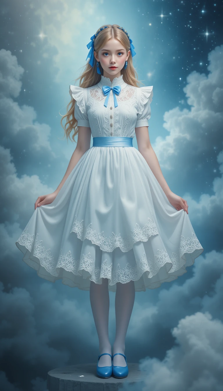 Whimsical portrait of a young girl in blue and white