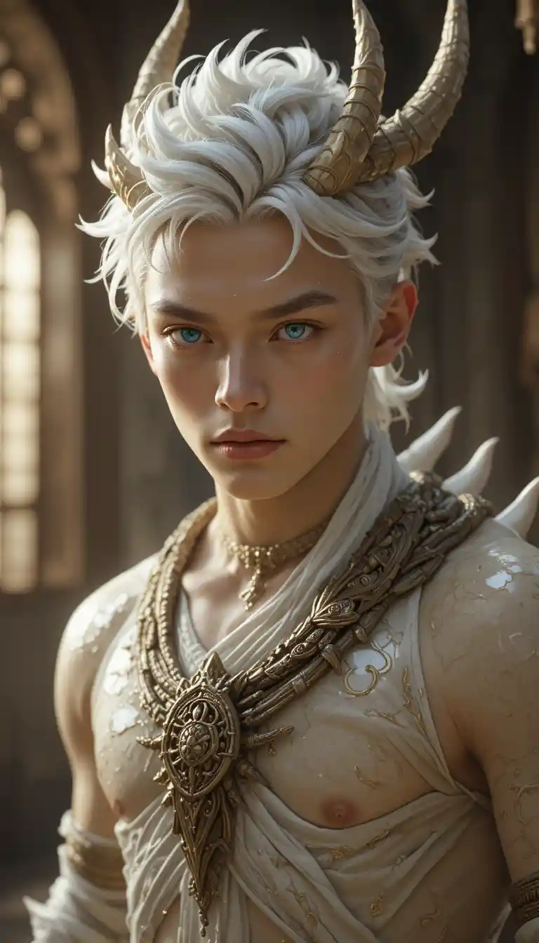 Young dragon man with antlers and glowing blue eyes