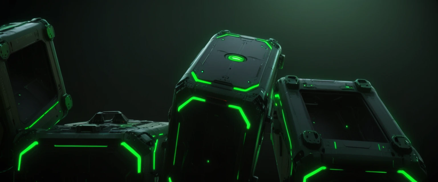Futuristic green containers with anti gravity sci fi design