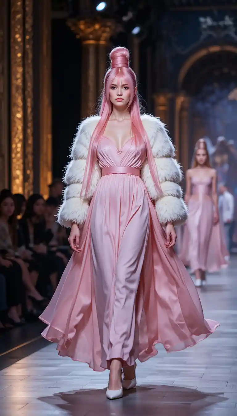 Runway model in pink dress under soft night lights