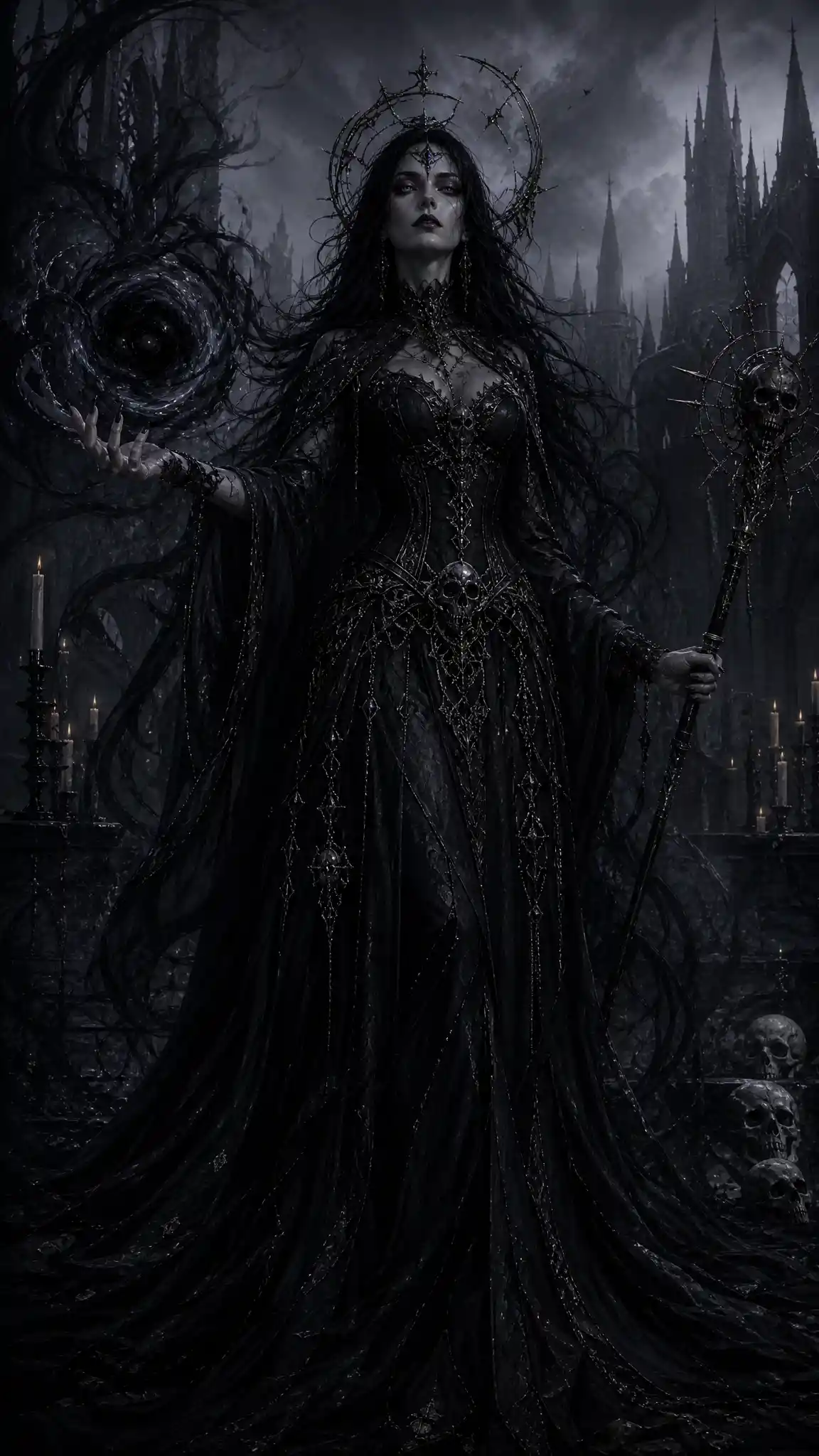 Dark sorceress with shadow magic and gothic macabre style