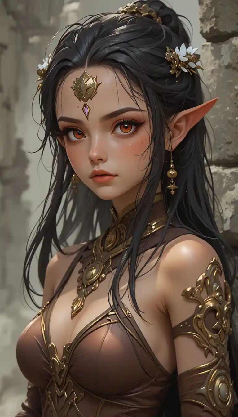 Demonic anime girl with horns red eyes and black hair