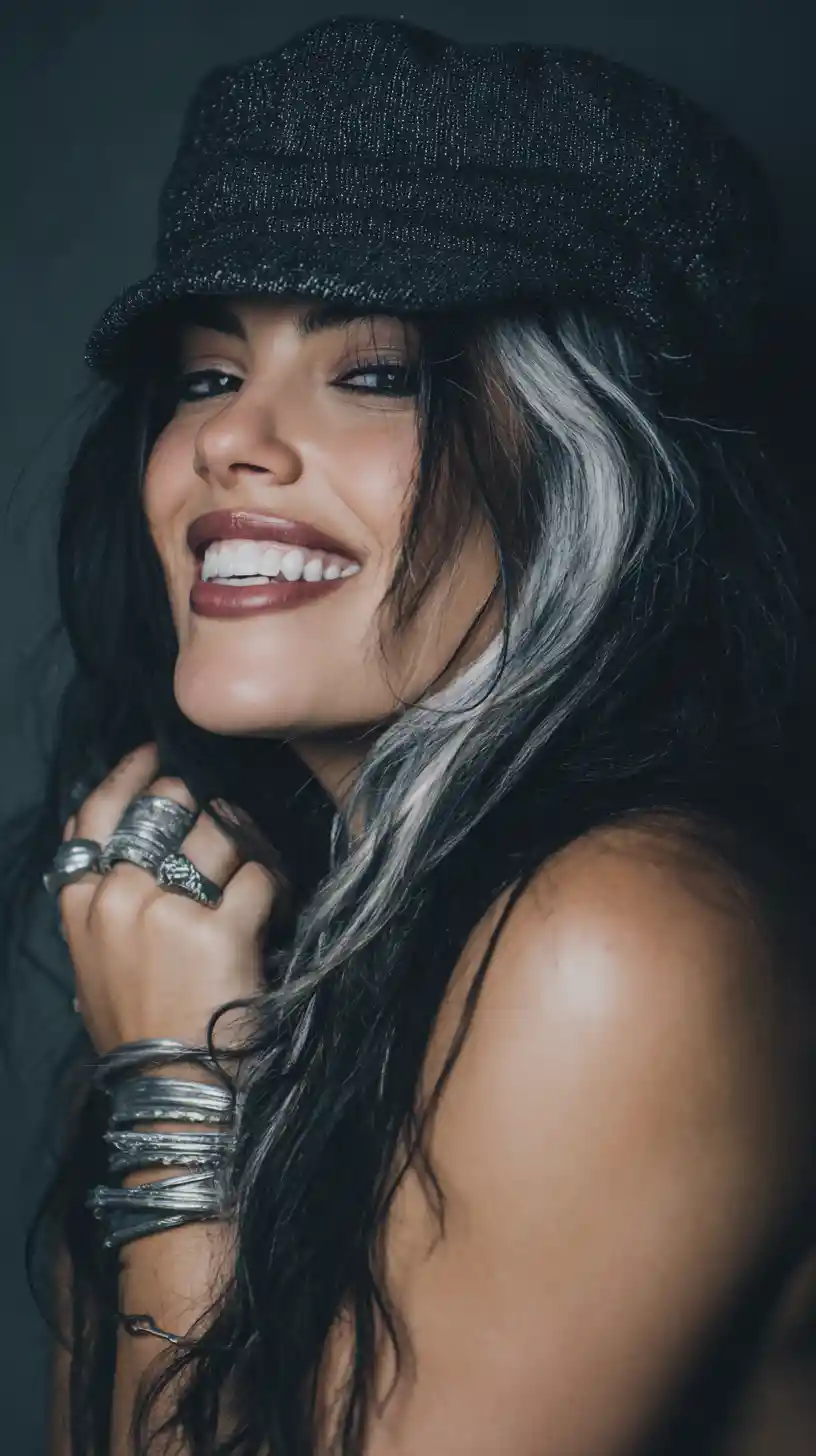 Playful woman in cap leaning close to the camera