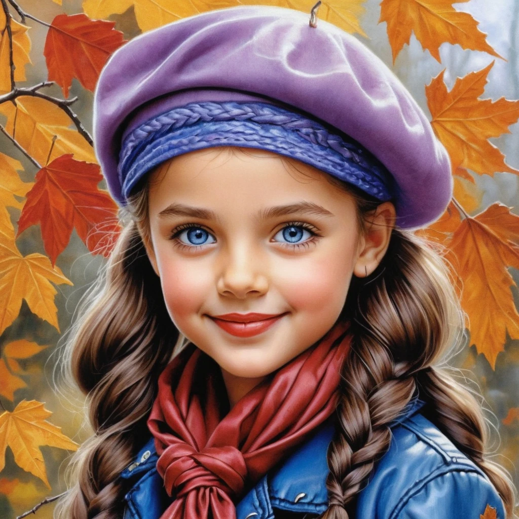 Smiling girl in lavender beret with fishtail braid portrait