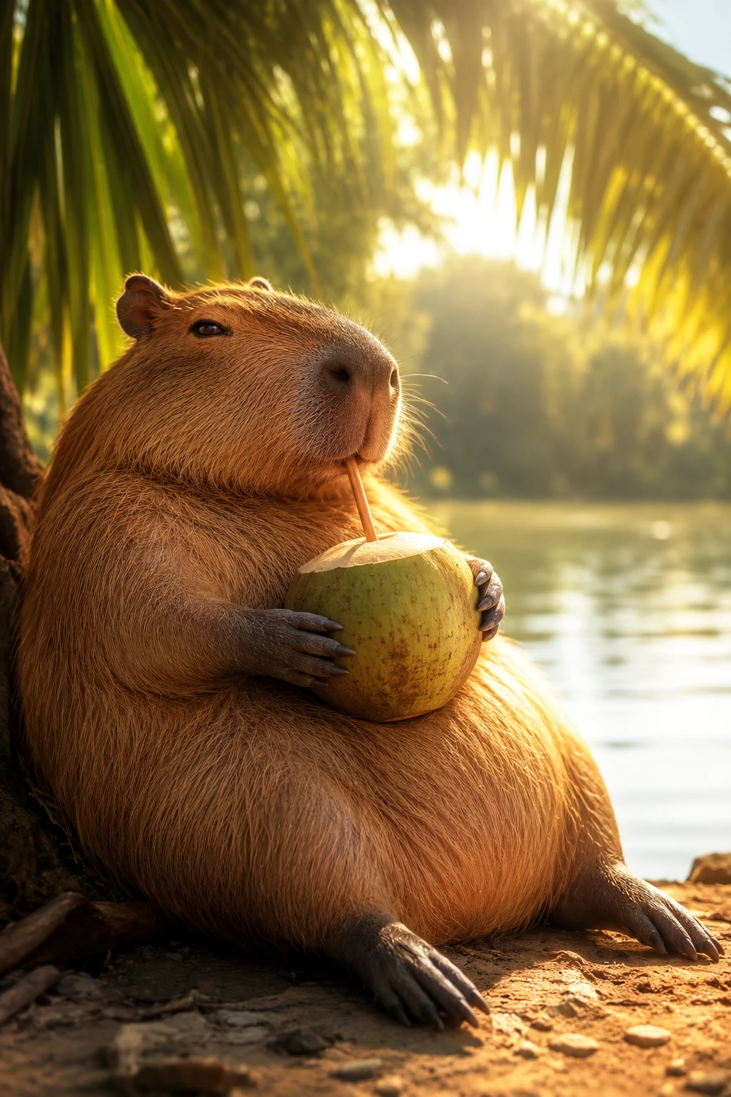 Chubby capybara portrait with dramatic colorful lighting