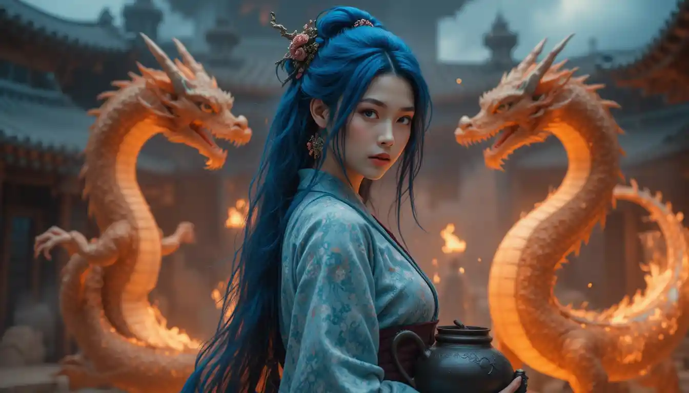 Blue haired woman bound to a post before fire breathing dragons