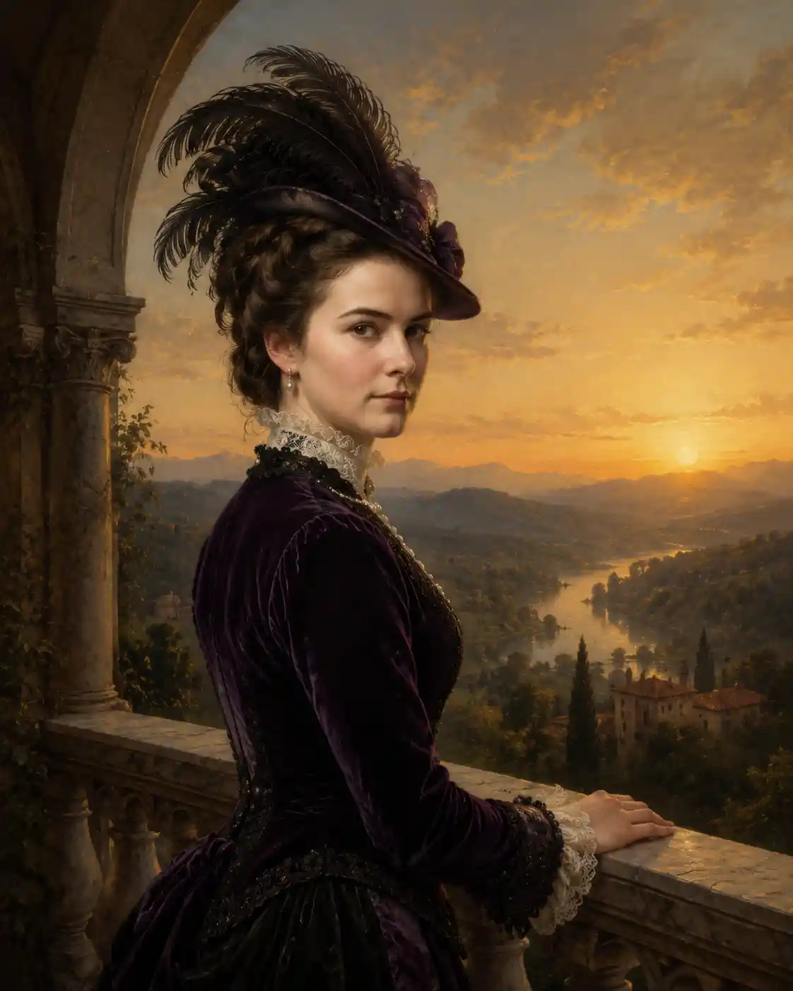 Victorian woman in purple by a sunlit marble balcony