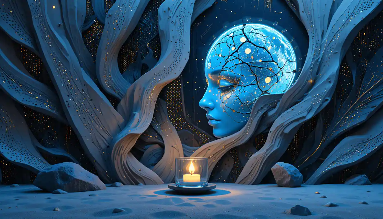 Blue glass candleholder glowing on sand beneath full moon