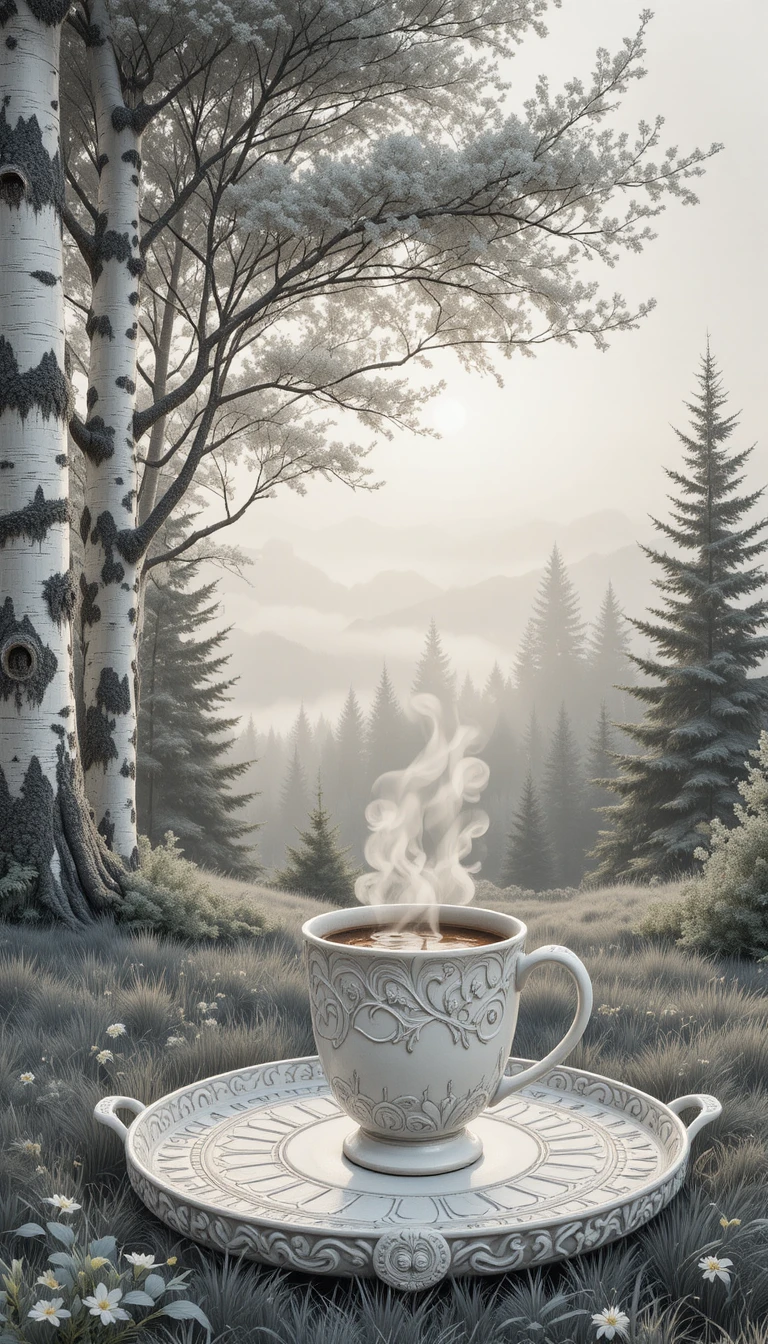 Steaming coffee cup on tray beneath tall birch trees