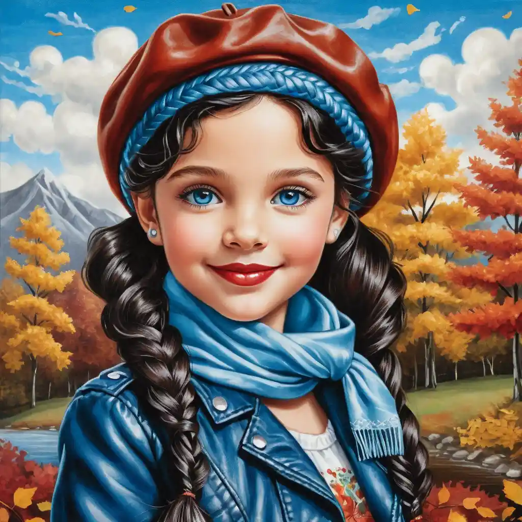 Smiling autumn girl in blue beret with long curly hair