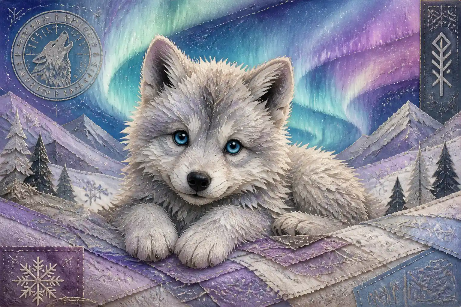 Papercraft wolf pup with patchwork northern lights collage