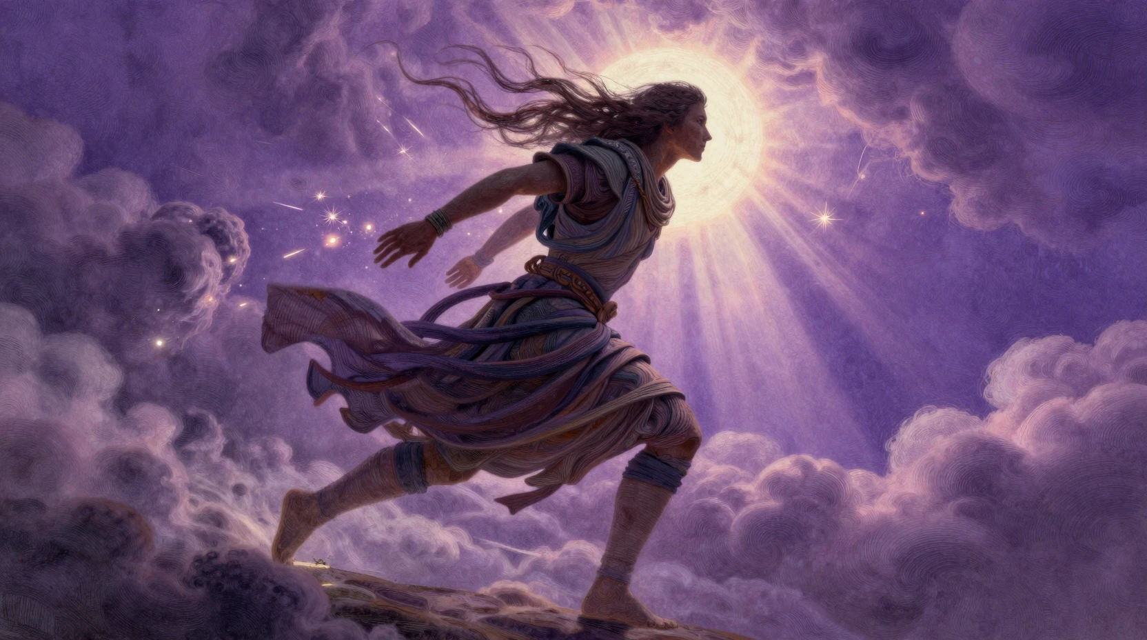 Figure striding through violet sky with celestial light