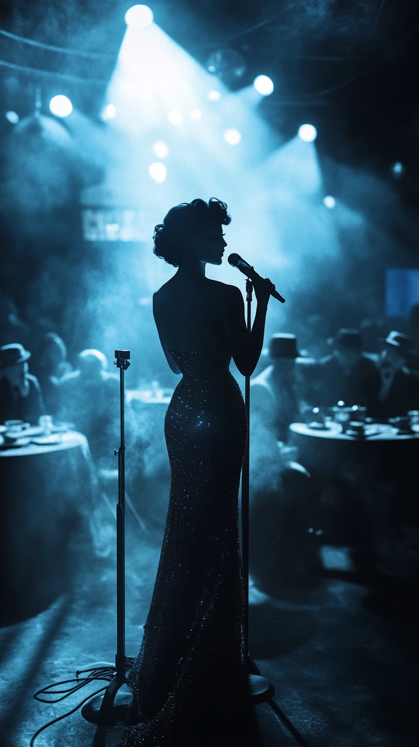 Elegante cantante jazz sotto i riflettori in un night club fumoso