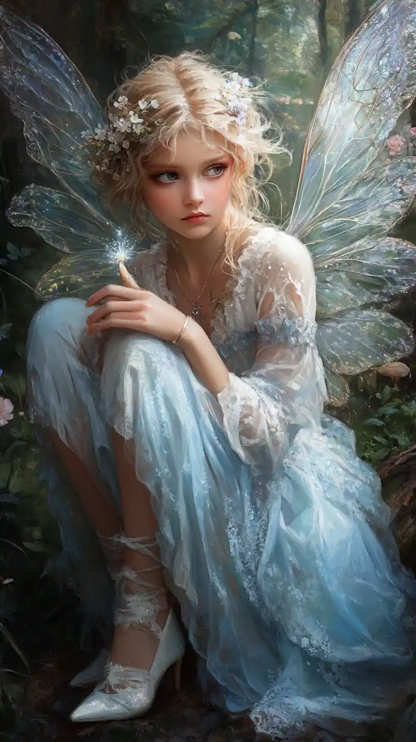 Fairy girl crouching in an enchanted forest clearing