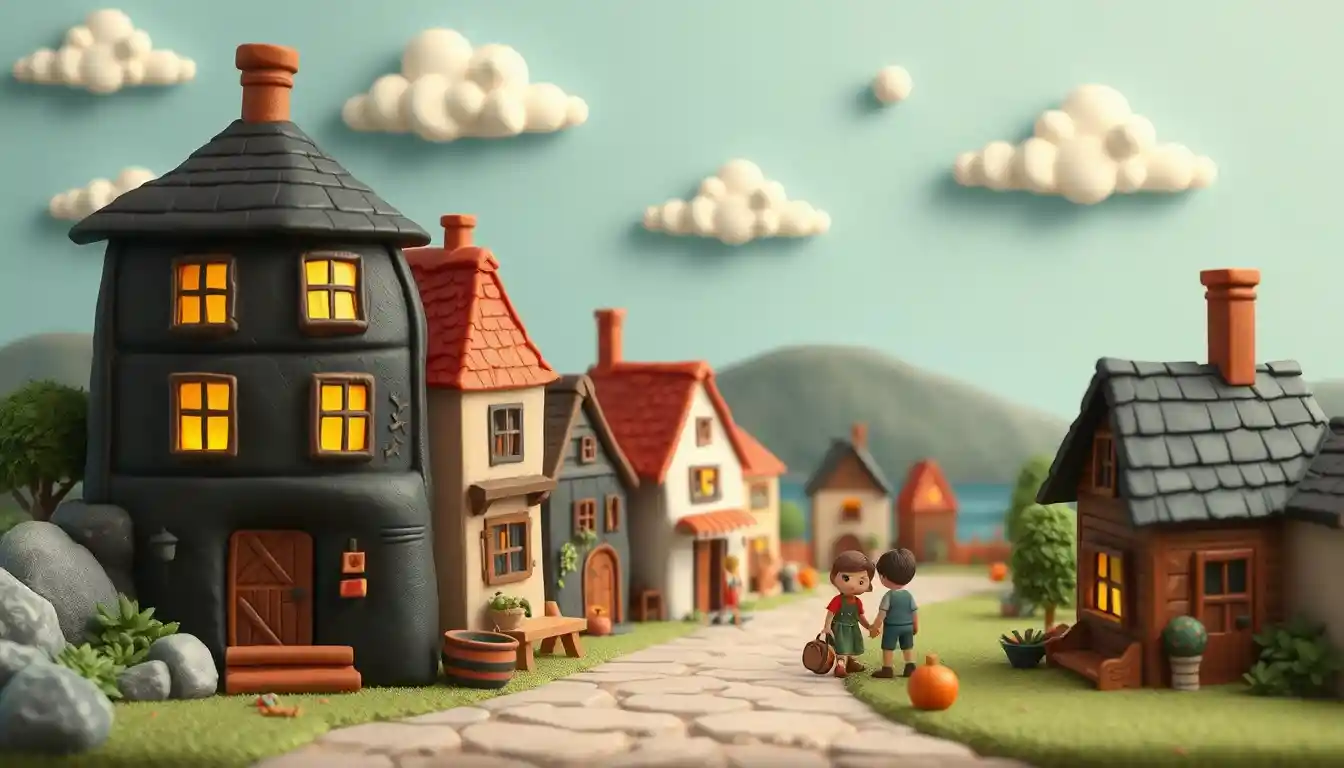 Childlike modeling clay village illustration with strolling residents