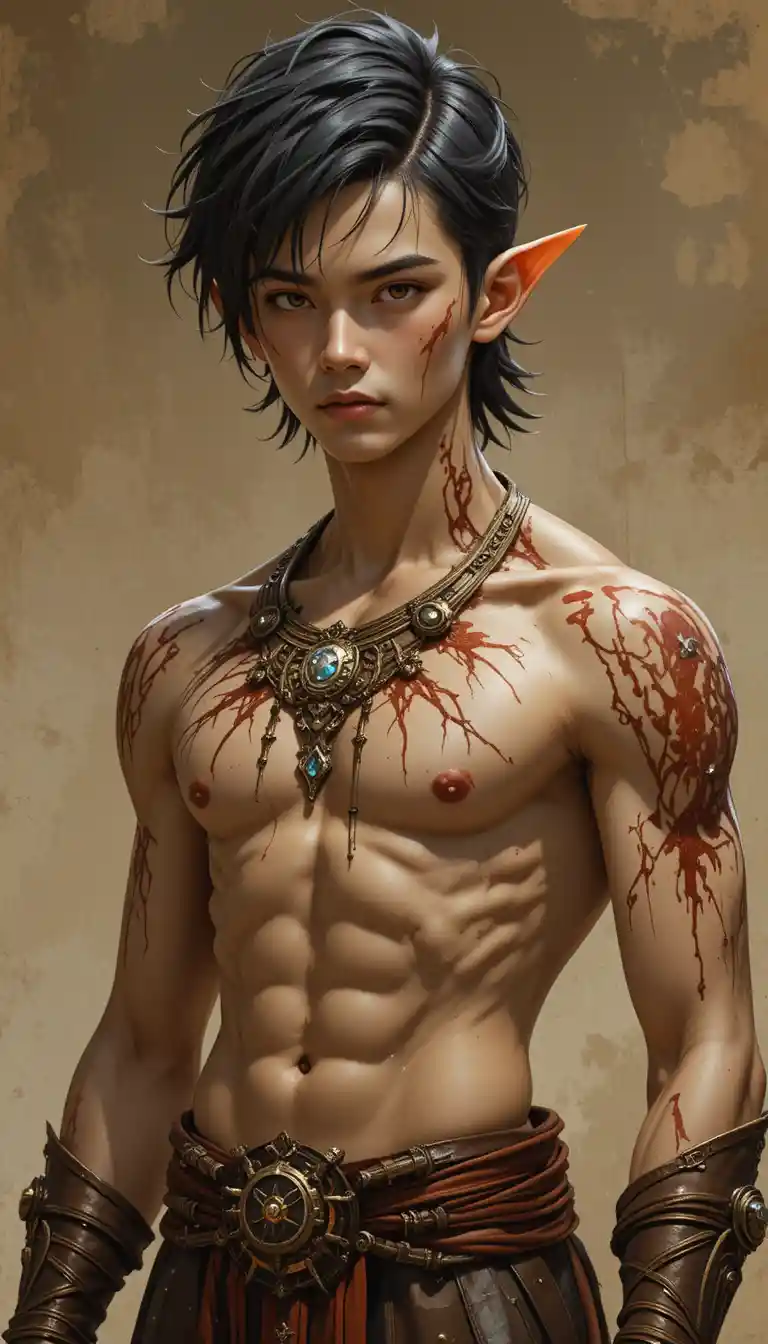 Scarred muscular fantasy warrior with dark hair and red eyes