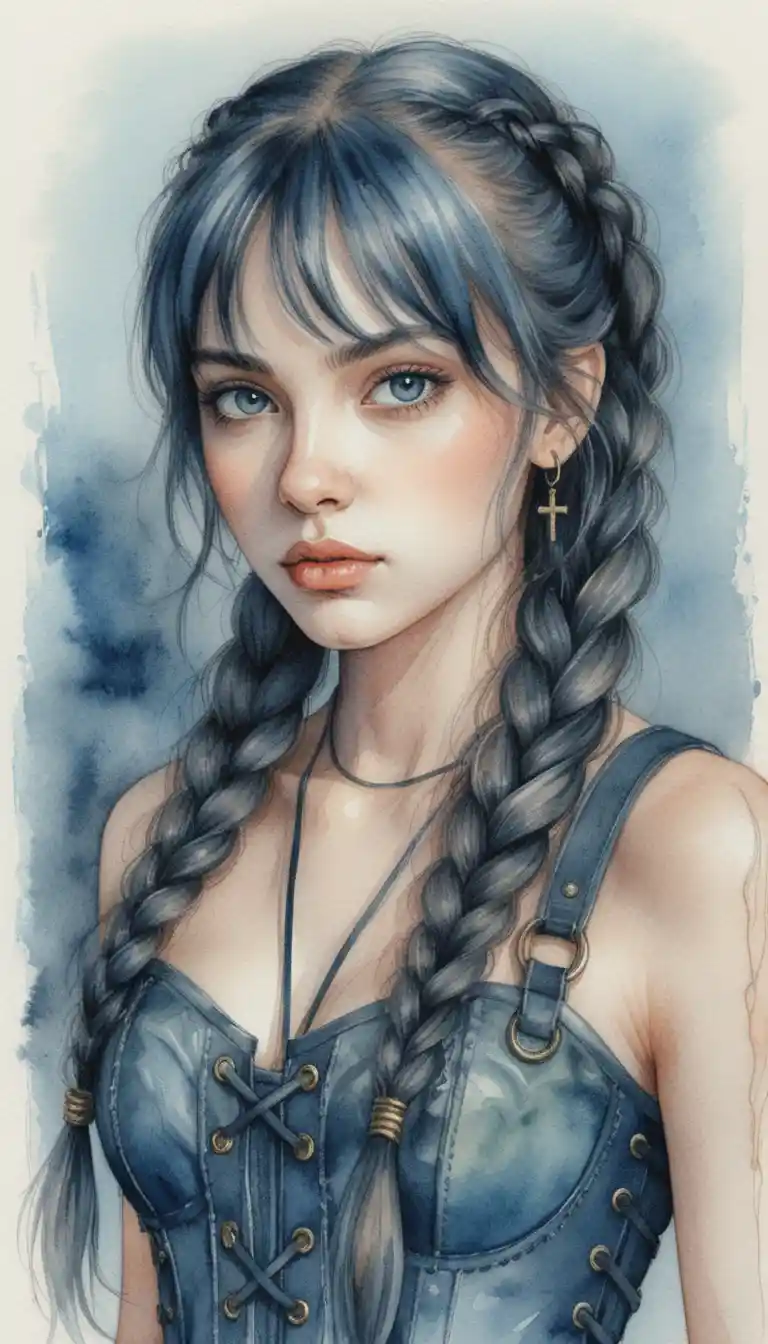 Anime girl in corset looking back with intense green eyes