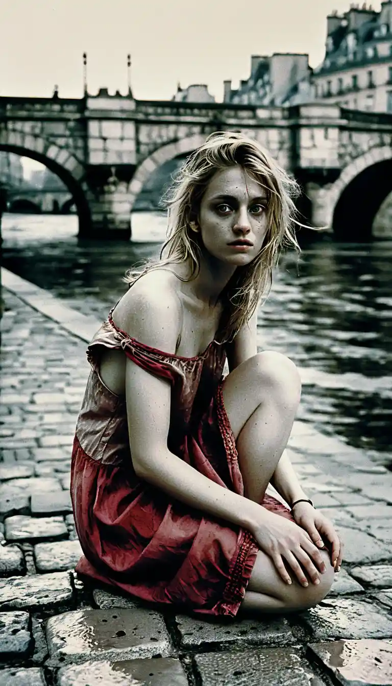 Young woman in red dress by the Seine in sorrow
