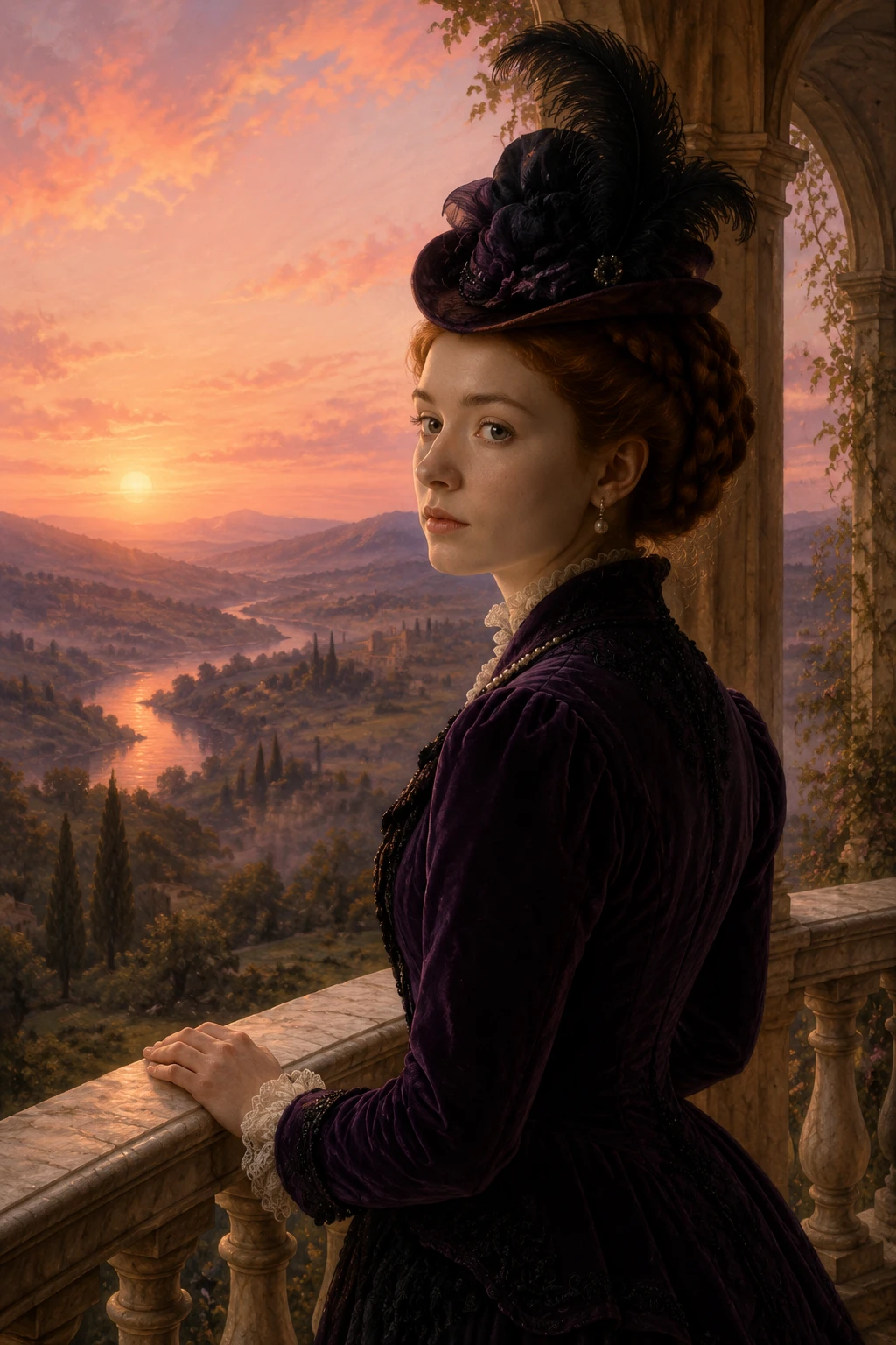 Victorian woman gazing from a balcony at sunrise