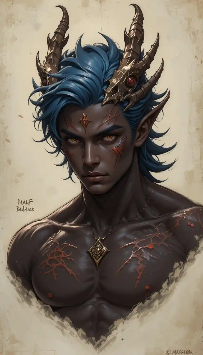 Muscular young dragon humanoid with blue hair and red eyes