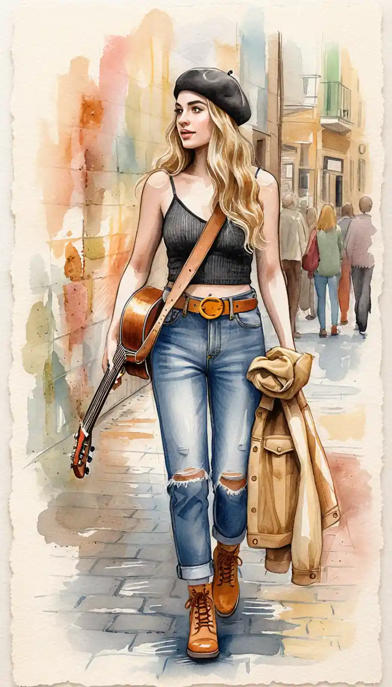 Young woman walking with guitar in a bohemian city scene