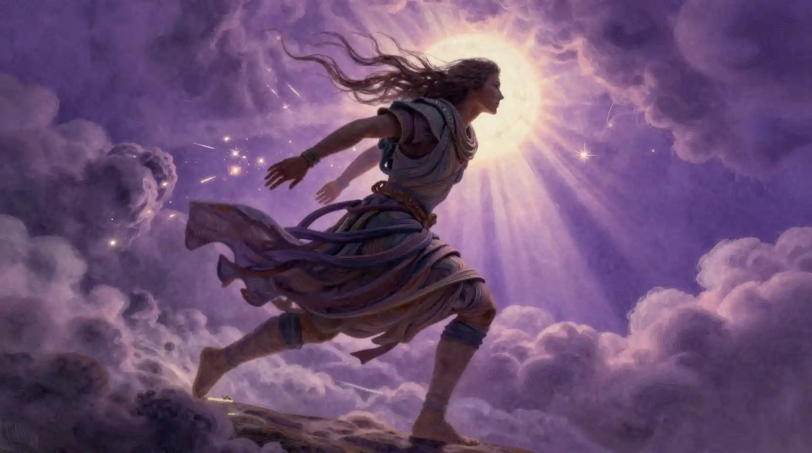 Figure striding through violet sky with celestial light