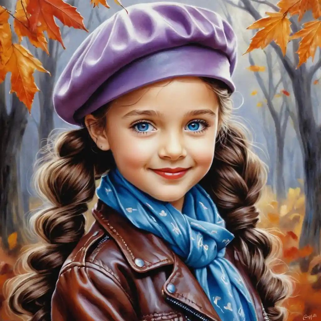 Smiling autumn girl in lavender beret with braided brown hair