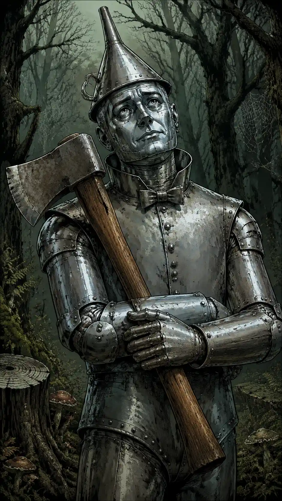 Tin man illustration in a dark contemplative forest