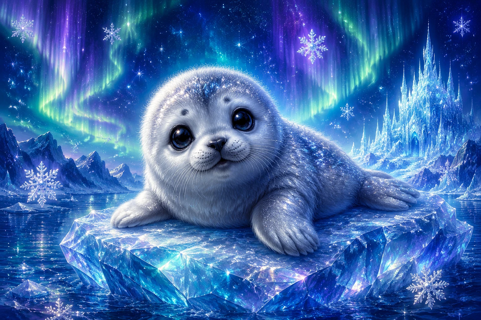 Cute baby seal on glowing crystal iceberg in aurora sky