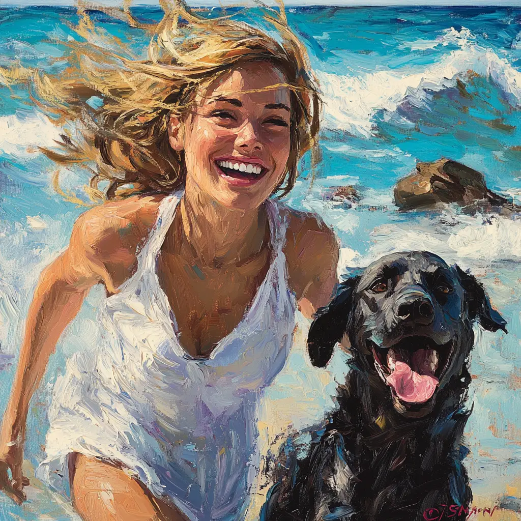 Woman running with black dog along turquoise sea shore