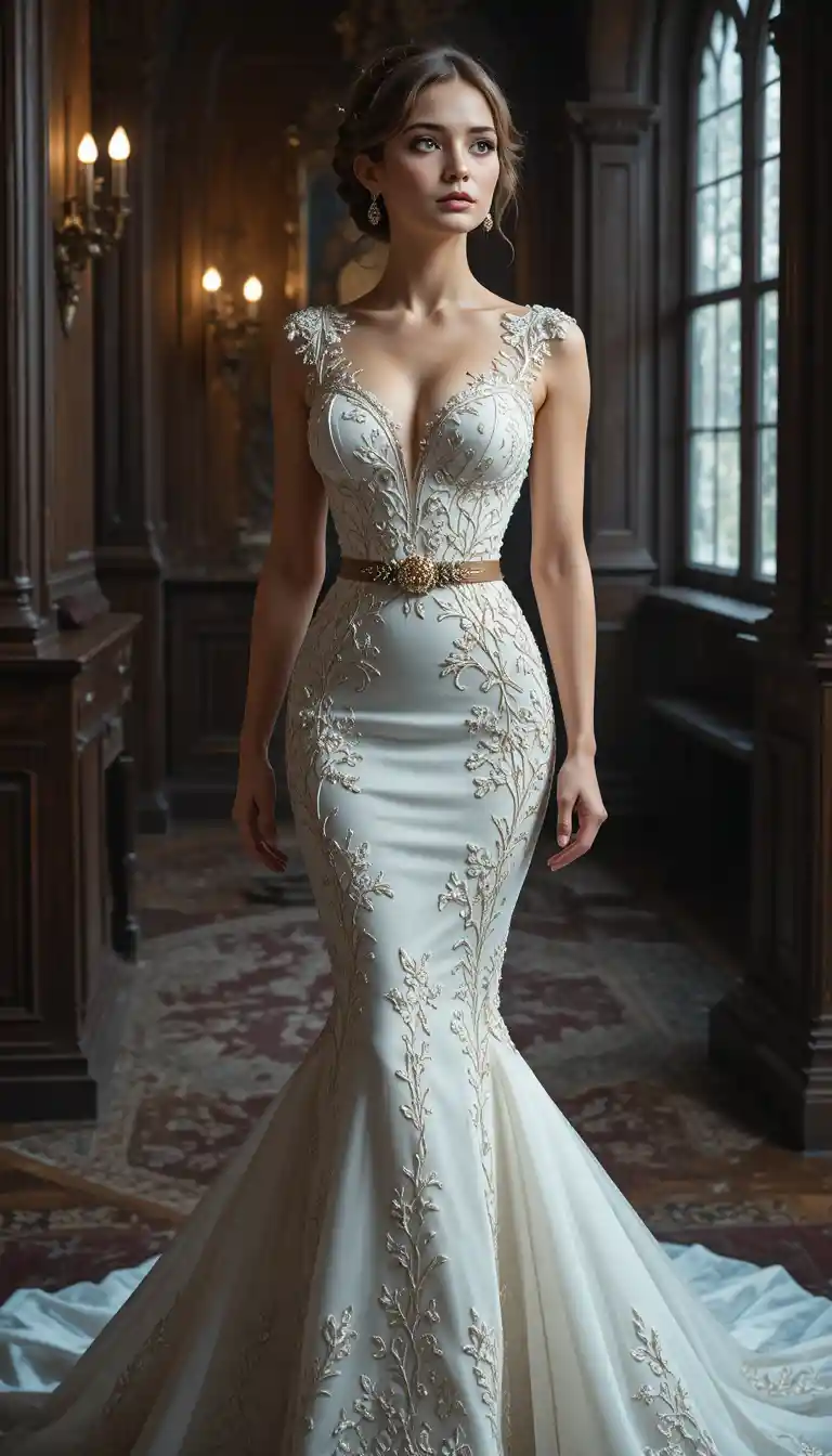 Elegant woman in embroidered ball gown in gothic interior