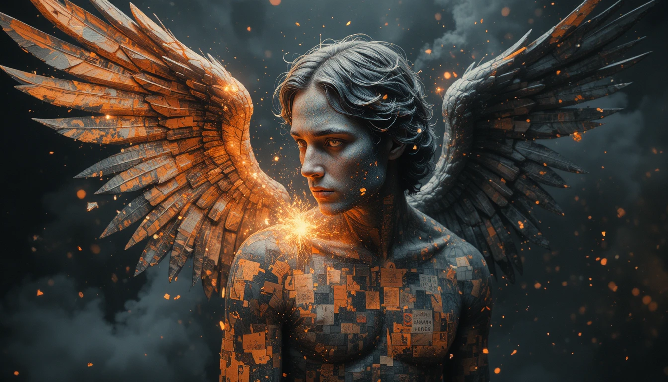 Solitary angel walking away from a distant crowd