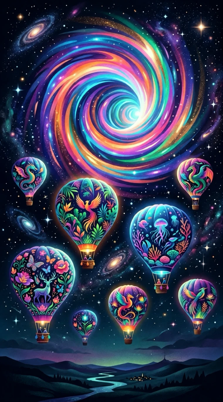 Surreal sky portal with vibrant hot air balloons